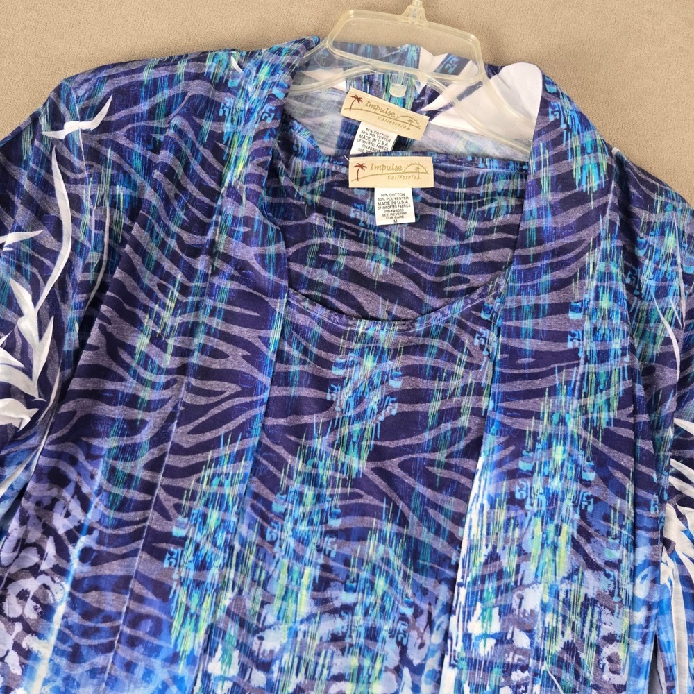 Impulse California Blue Purple Animal Print Twin Set Cardigan Tank Womens Medium